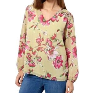 Belle Kim Gravel Pale Sage Floral Chiffon Blouse Plus Size 1X